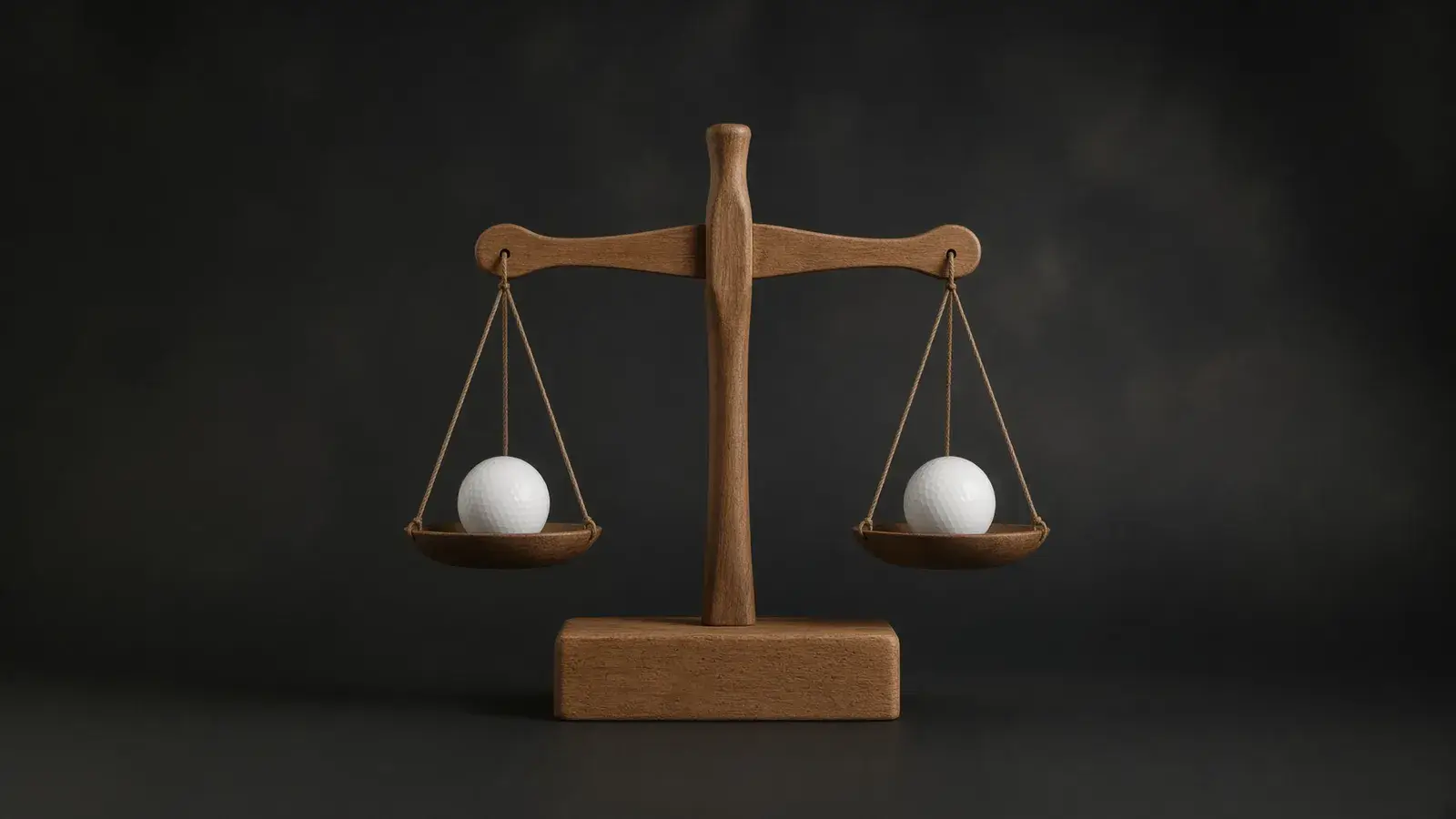 나무 저울의 양쪽 접시에 놓인 무지 골프공 두 개 (연출 이미지)